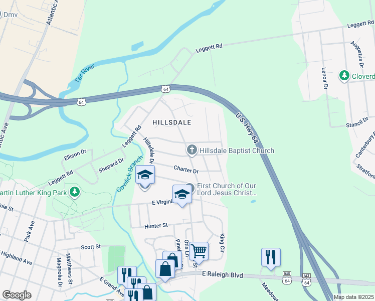 map of restaurants, bars, coffee shops, grocery stores, and more near 1617 Fountain Street in Rocky Mount
