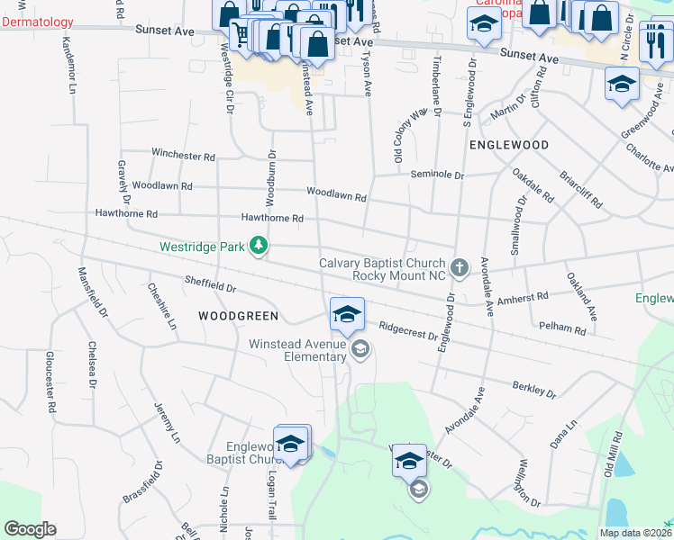 map of restaurants, bars, coffee shops, grocery stores, and more near 705 South Winstead Avenue in Rocky Mount