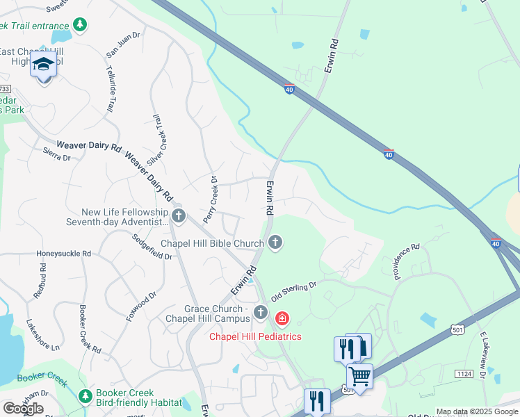 map of restaurants, bars, coffee shops, grocery stores, and more near 311 State Road 1734 in Chapel Hill