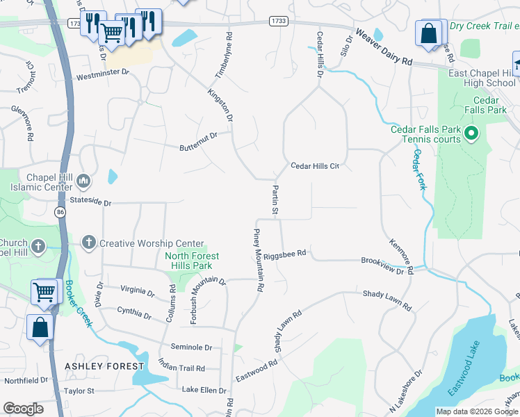 map of restaurants, bars, coffee shops, grocery stores, and more near 105 Partin Street in Chapel Hill