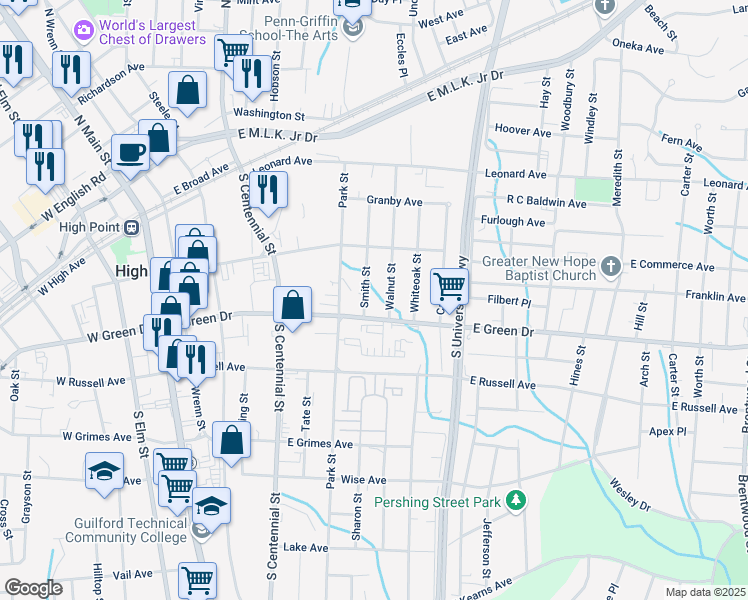 map of restaurants, bars, coffee shops, grocery stores, and more near 701 East Green Drive in High Point