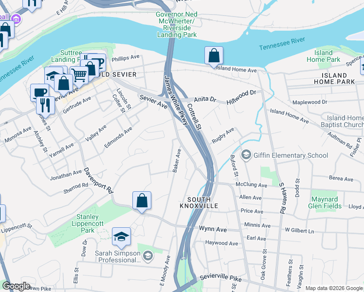 map of restaurants, bars, coffee shops, grocery stores, and more near 2624 Sevier Avenue in Knoxville