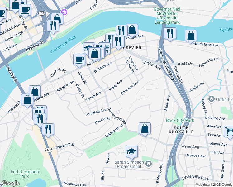 map of restaurants, bars, coffee shops, grocery stores, and more near 912 Hall Street in Knoxville