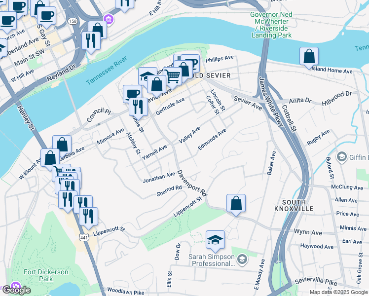 map of restaurants, bars, coffee shops, grocery stores, and more near 912 Hall Street in Knoxville