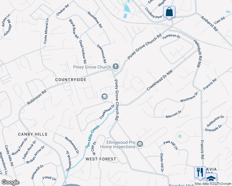 map of restaurants, bars, coffee shops, grocery stores, and more near 2401 Pine Marten Way Northwest in Knoxville