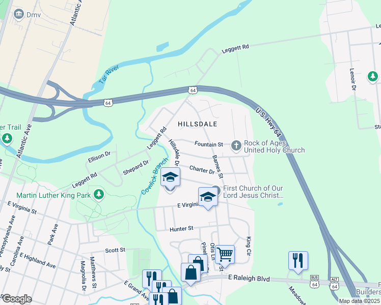 map of restaurants, bars, coffee shops, grocery stores, and more near 1528 Cherry Street in Rocky Mount