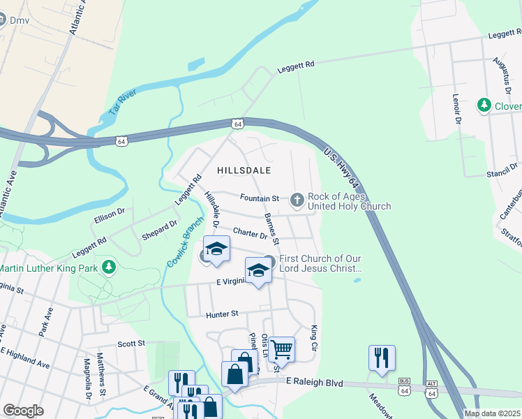 map of restaurants, bars, coffee shops, grocery stores, and more near 1432 Barnes Street in Rocky Mount