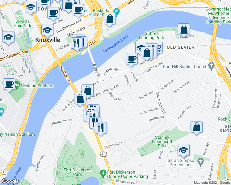 map of restaurants, bars, coffee shops, grocery stores, and more near 415 Millers Avenue in Knoxville