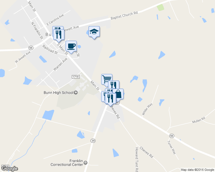 map of restaurants, bars, coffee shops, grocery stores, and more near 649 Main Street in Bunn