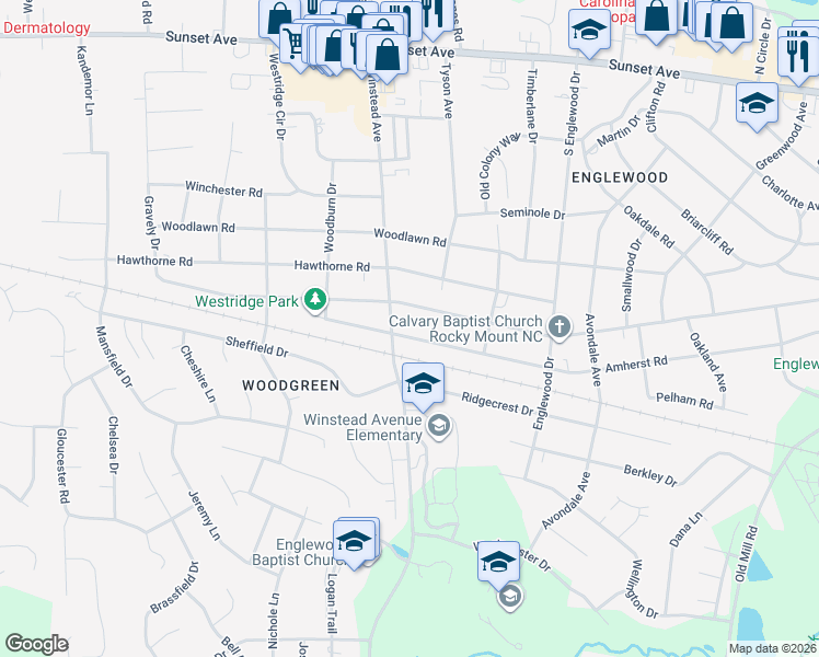 map of restaurants, bars, coffee shops, grocery stores, and more near 705 South Winstead Avenue in Rocky Mount