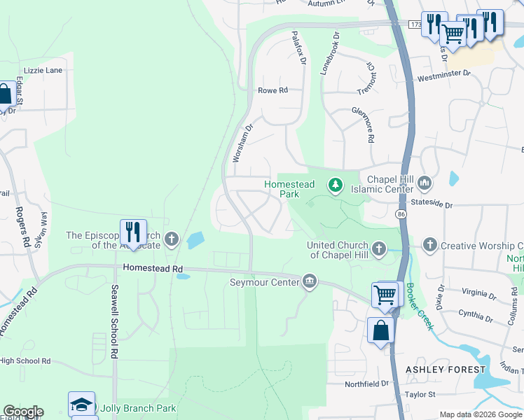 map of restaurants, bars, coffee shops, grocery stores, and more near 210 Napa Valley Way in Chapel Hill