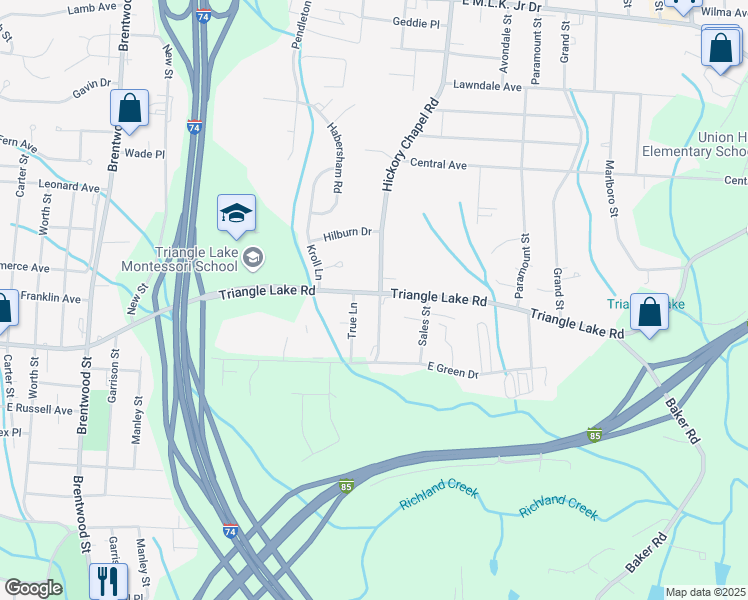 map of restaurants, bars, coffee shops, grocery stores, and more near 2606 Triangle Lake Road in High Point