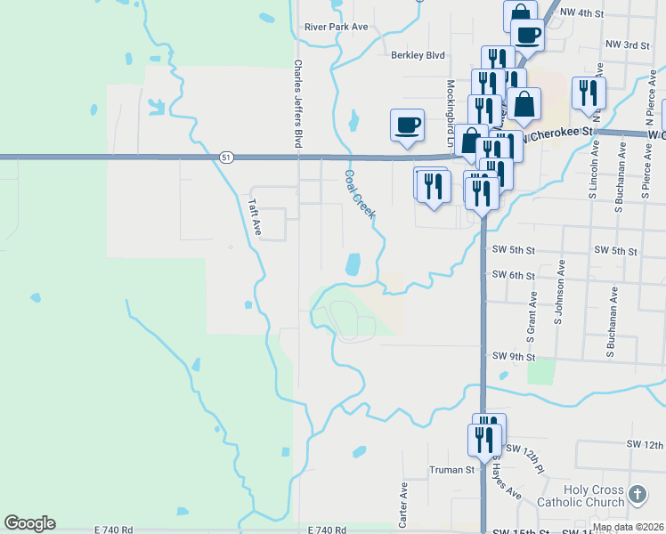map of restaurants, bars, coffee shops, grocery stores, and more near 405 South Mary Avenue in Wagoner