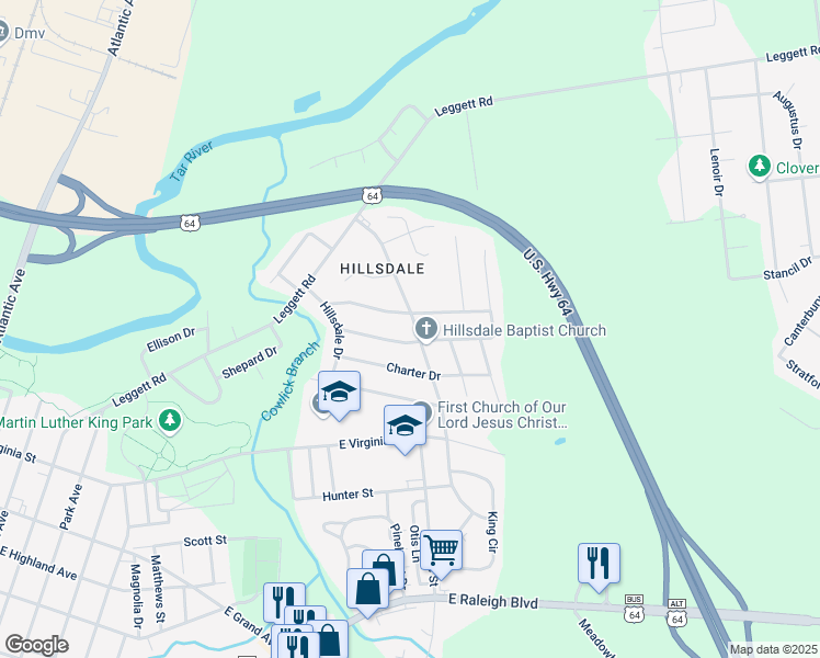 map of restaurants, bars, coffee shops, grocery stores, and more near 1436 Barnes Street in Rocky Mount