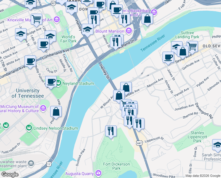 map of restaurants, bars, coffee shops, grocery stores, and more near 1995 Henley Street in Knoxville