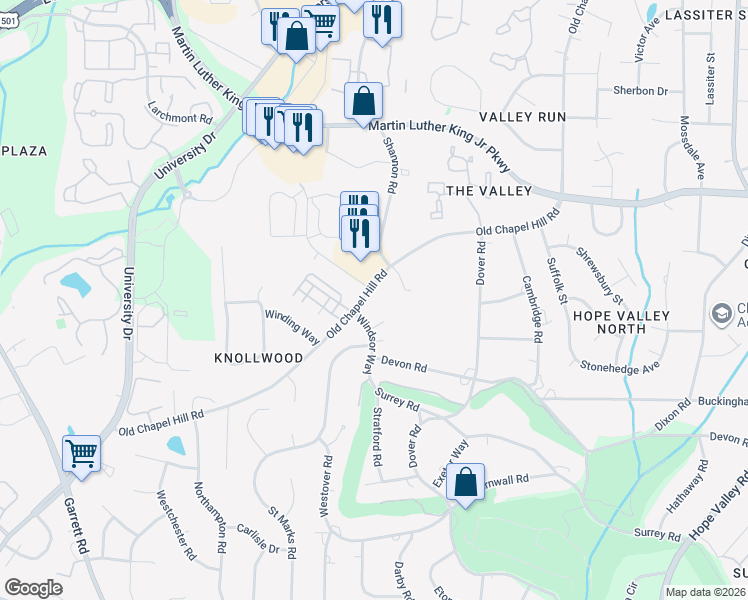 map of restaurants, bars, coffee shops, grocery stores, and more near 3719 Old Chapel Hill Road in Durham
