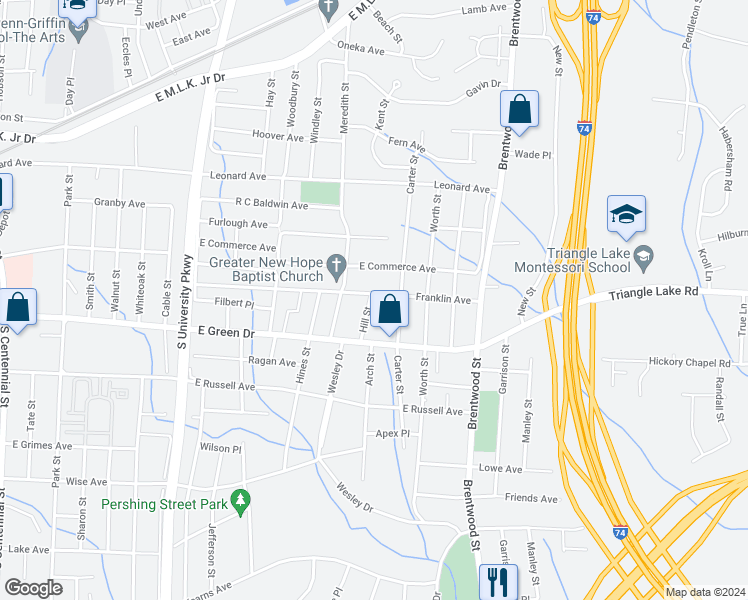 map of restaurants, bars, coffee shops, grocery stores, and more near 503 Hill Street in High Point