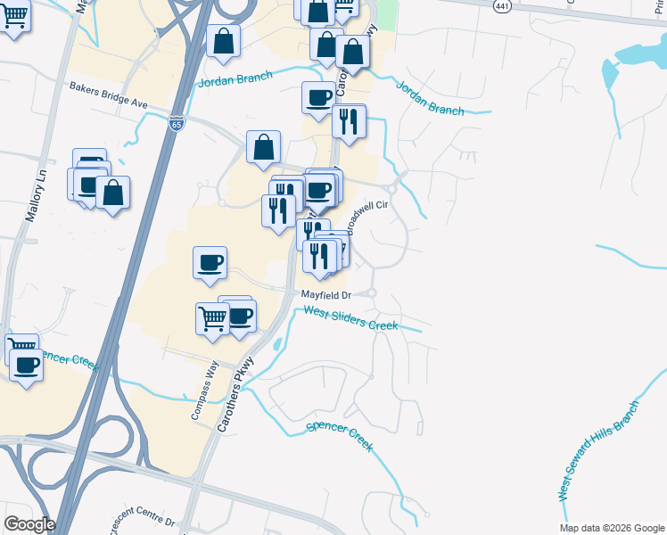 map of restaurants, bars, coffee shops, grocery stores, and more near 330 Mayfield Drive in Franklin