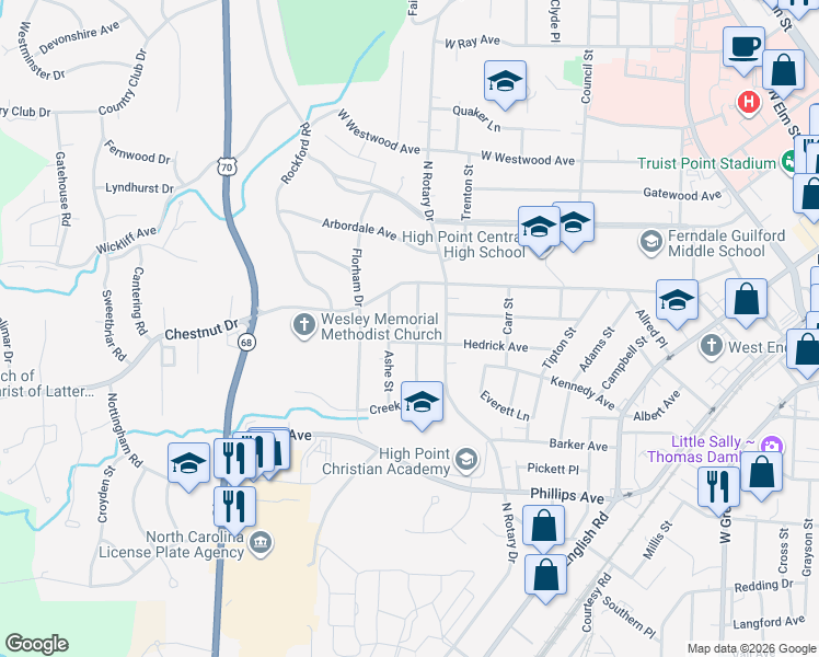 map of restaurants, bars, coffee shops, grocery stores, and more near 607 Spruce Street in High Point