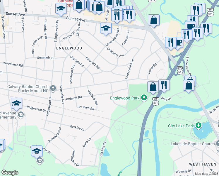 map of restaurants, bars, coffee shops, grocery stores, and more near 704 Stone Drive in Rocky Mount