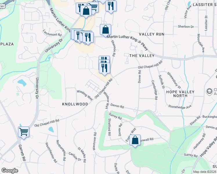 map of restaurants, bars, coffee shops, grocery stores, and more near 3719 Old Chapel Hill Road in Durham
