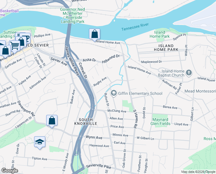 map of restaurants, bars, coffee shops, grocery stores, and more near 1717 Lenland Avenue in Knoxville