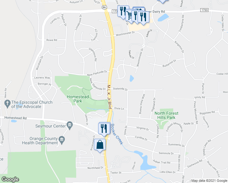 map of restaurants, bars, coffee shops, grocery stores, and more near 100 Stateside Drive in Chapel Hill
