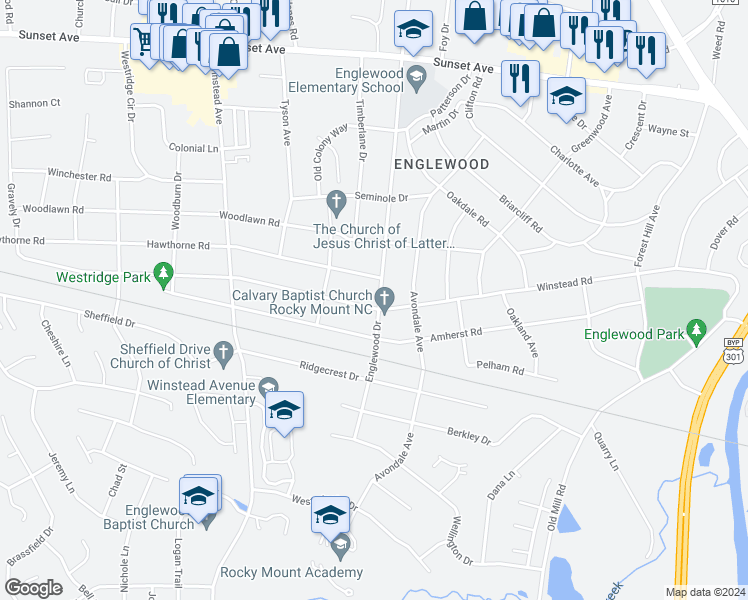 map of restaurants, bars, coffee shops, grocery stores, and more near 3200 Winstead Road in Rocky Mount