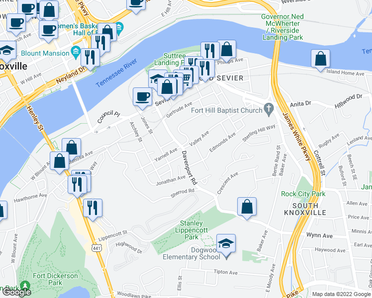 map of restaurants, bars, coffee shops, grocery stores, and more near 800 Yarnell Avenue in Knoxville