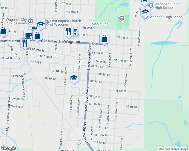 map of restaurants, bars, coffee shops, grocery stores, and more near 502 South Arthur Avenue in Wagoner