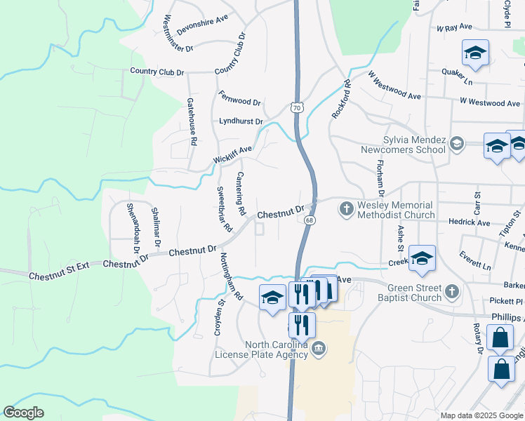 map of restaurants, bars, coffee shops, grocery stores, and more near 1408 Chestnut Drive in High Point