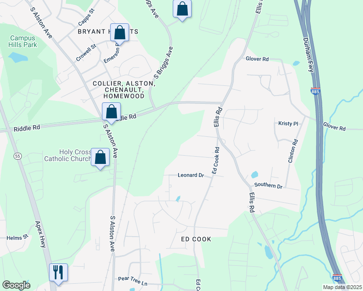 map of restaurants, bars, coffee shops, grocery stores, and more near 1903 Edgerton Drive in Durham