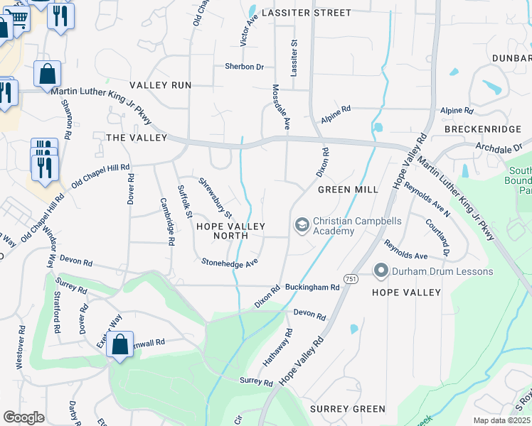map of restaurants, bars, coffee shops, grocery stores, and more near 3622 Colchester Street in Durham