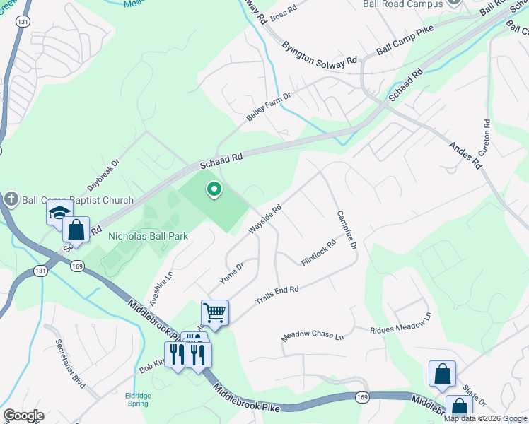 map of restaurants, bars, coffee shops, grocery stores, and more near 1801 Wayside Road in Knoxville
