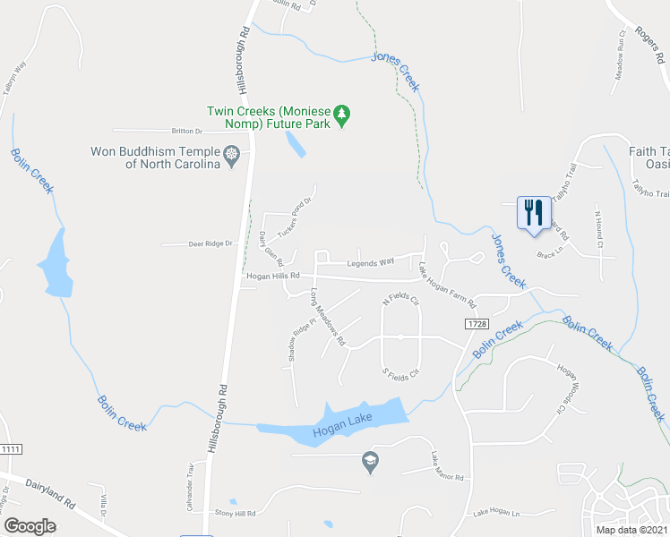 map of restaurants, bars, coffee shops, grocery stores, and more near 313 Legends Way in Chapel Hill
