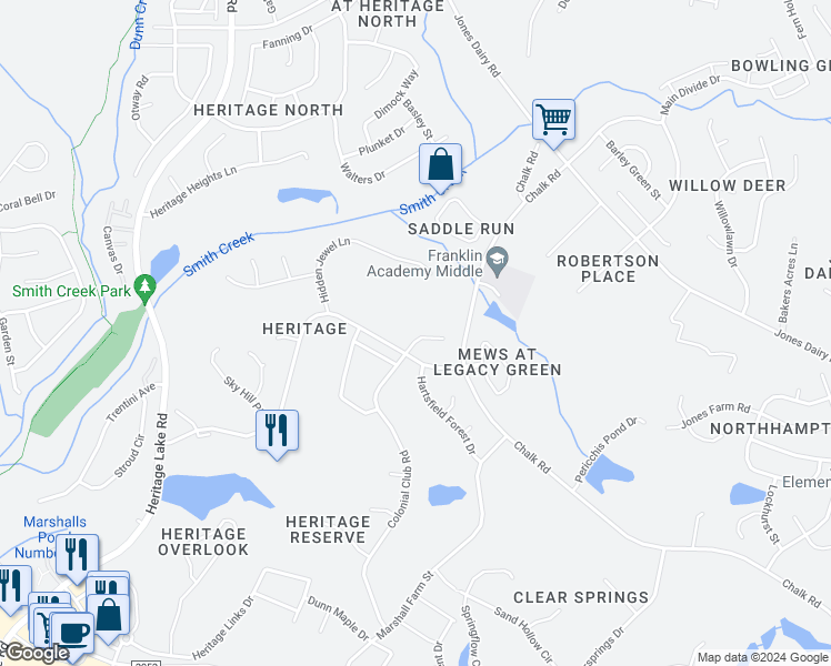 map of restaurants, bars, coffee shops, grocery stores, and more near 1120 Colonial Club Road in Wake Forest