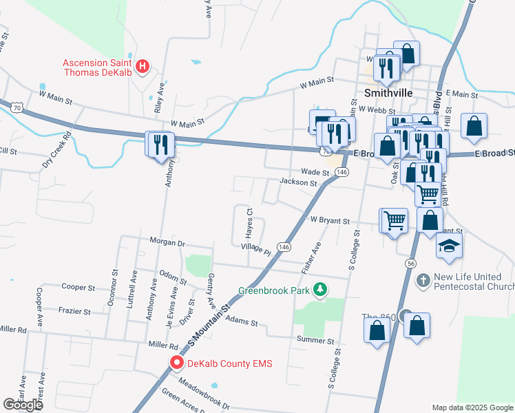 map of restaurants, bars, coffee shops, grocery stores, and more near 641 Restview Avenue in Smithville