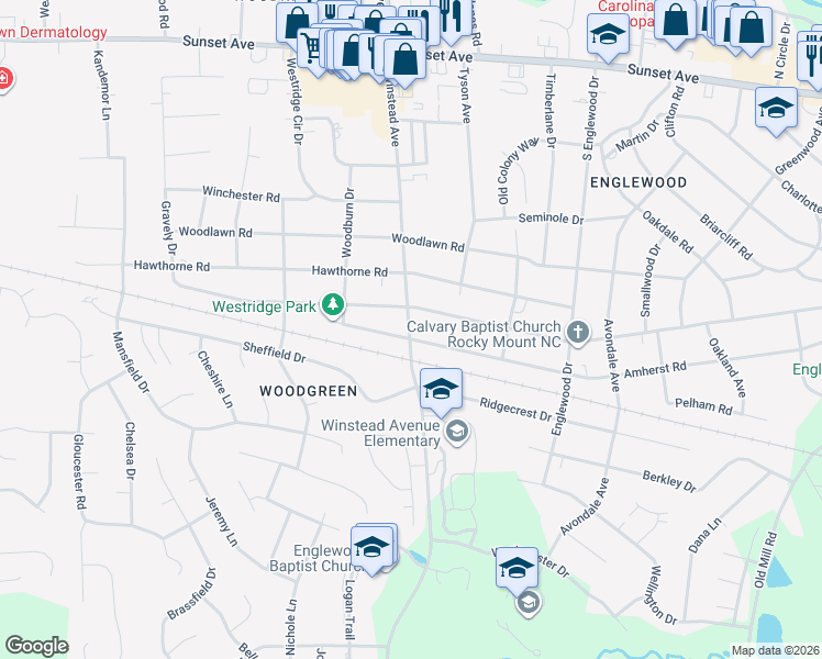 map of restaurants, bars, coffee shops, grocery stores, and more near 705 South Winstead Avenue in Rocky Mount