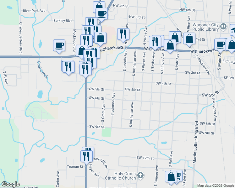 map of restaurants, bars, coffee shops, grocery stores, and more near 1003 Southwest 5th Street in Wagoner