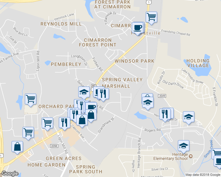 map of restaurants, bars, coffee shops, grocery stores, and more near 128 Farm Road in Wake Forest