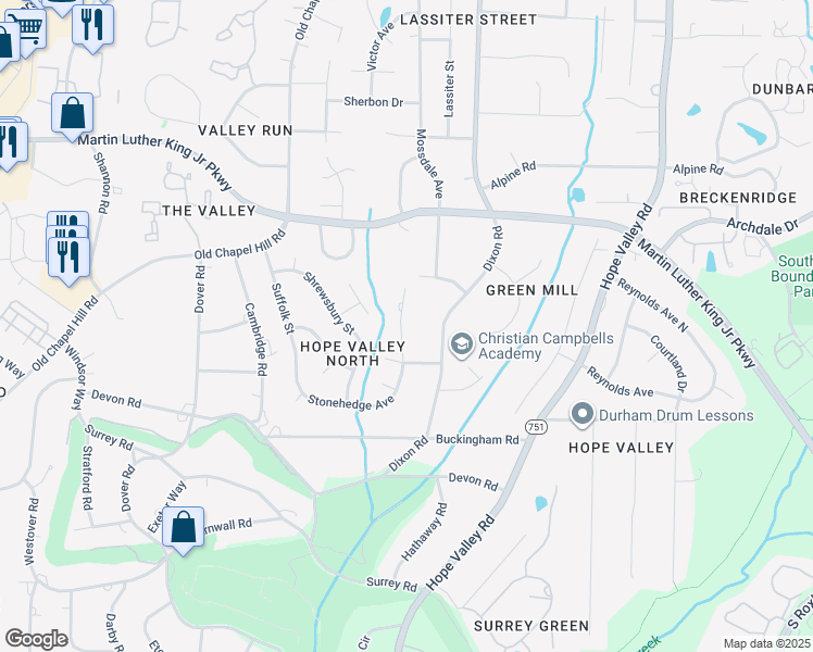 map of restaurants, bars, coffee shops, grocery stores, and more near 3622 Colchester Street in Durham