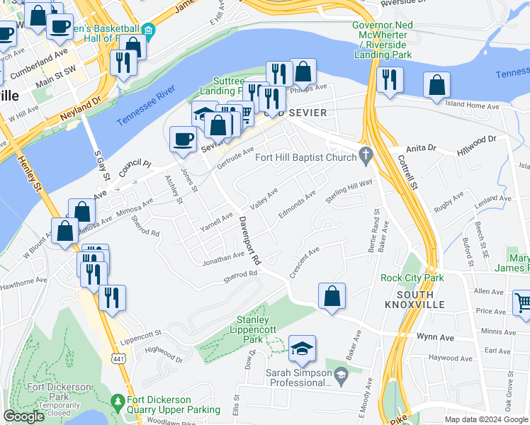 map of restaurants, bars, coffee shops, grocery stores, and more near 912 Hall Street in Knoxville