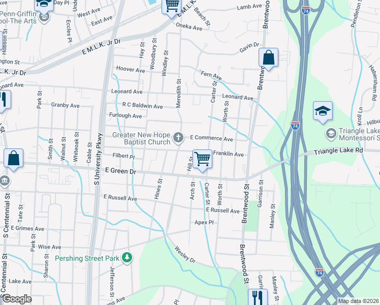 map of restaurants, bars, coffee shops, grocery stores, and more near 500 Hill Street in High Point