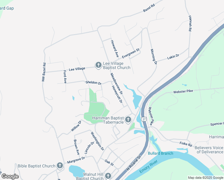 map of restaurants, bars, coffee shops, grocery stores, and more near 133 Honeycutt Drive in Harriman