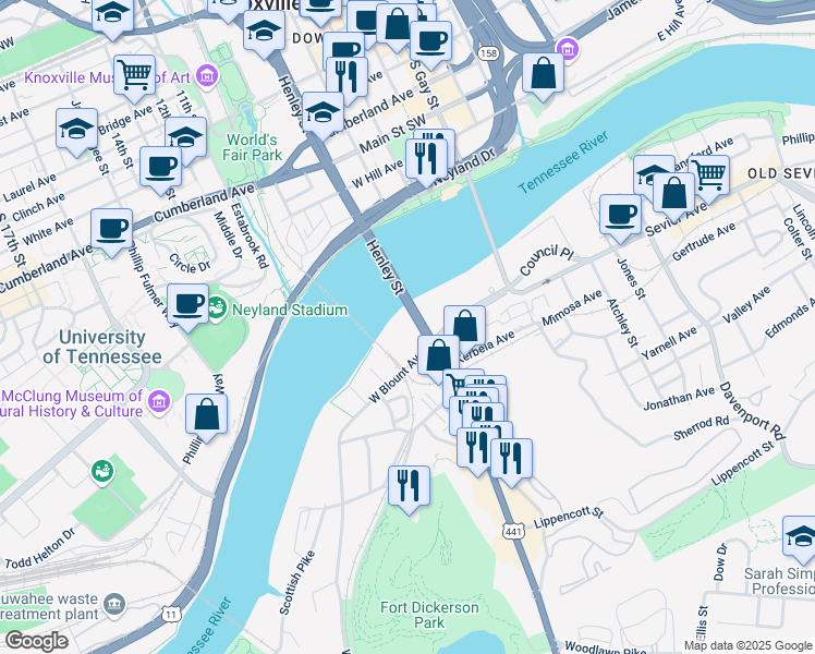 map of restaurants, bars, coffee shops, grocery stores, and more near 1995 Henley Street in Knoxville