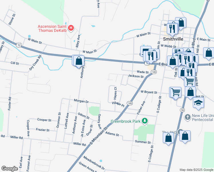 map of restaurants, bars, coffee shops, grocery stores, and more near 186 Village Place in Smithville