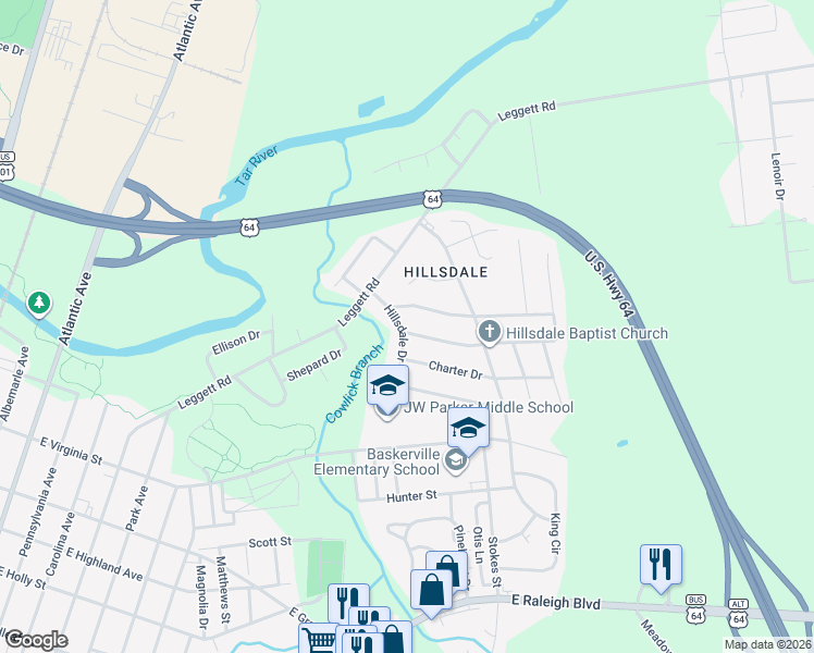 map of restaurants, bars, coffee shops, grocery stores, and more near 1512 Cherry Street in Rocky Mount