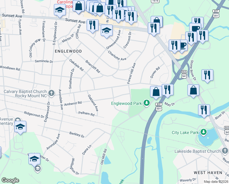 map of restaurants, bars, coffee shops, grocery stores, and more near 704 Stone Drive in Rocky Mount