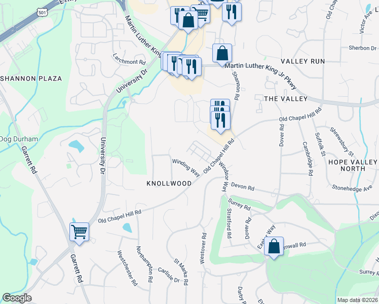 map of restaurants, bars, coffee shops, grocery stores, and more near 707 Derby Court in Durham