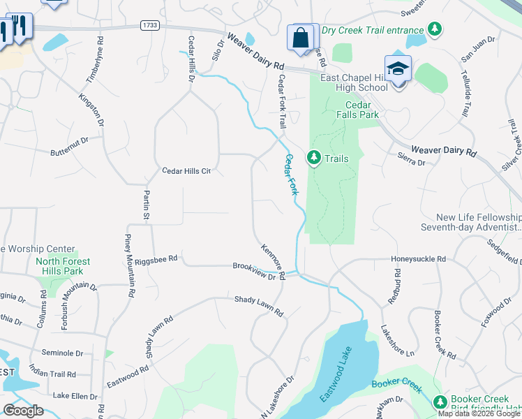 map of restaurants, bars, coffee shops, grocery stores, and more near 820 Kenmore Road in Chapel Hill